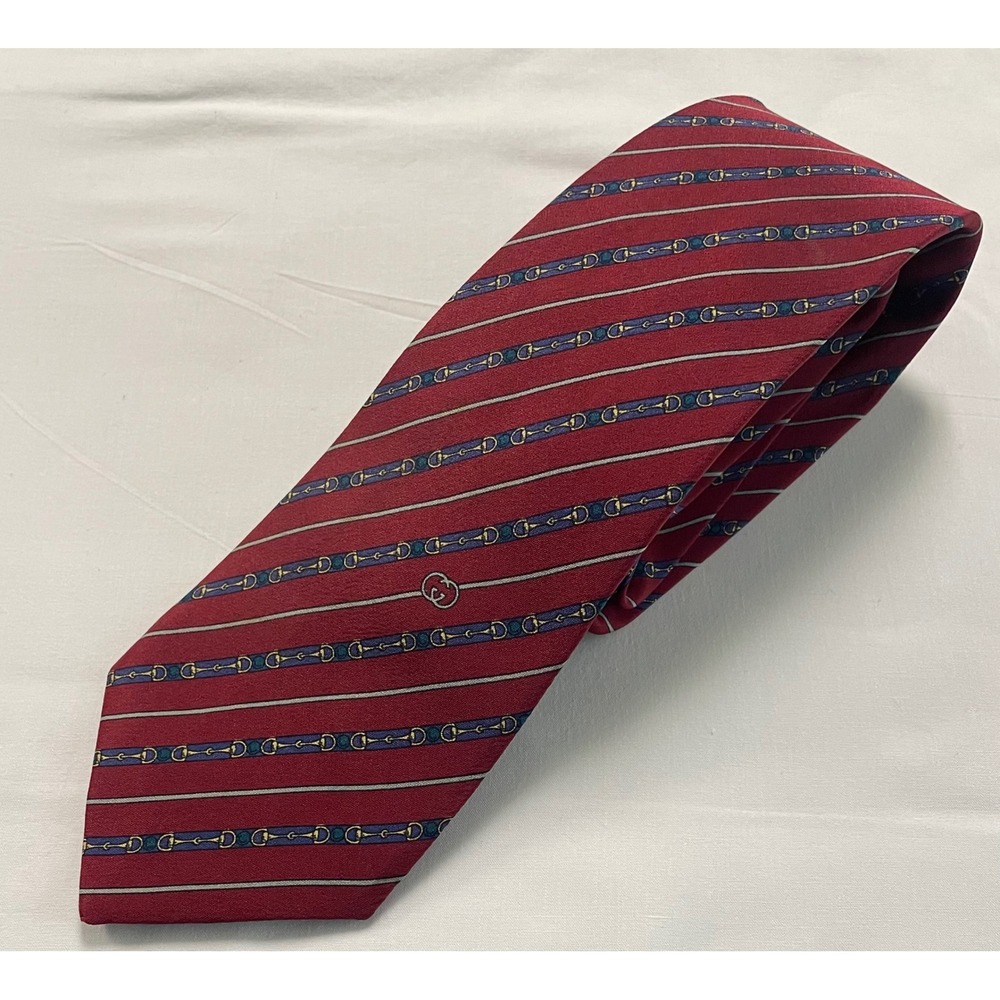 Vintage Gucci Mens Silk Tie Burgundy Red Horsebit Stirrups G Striped Italy